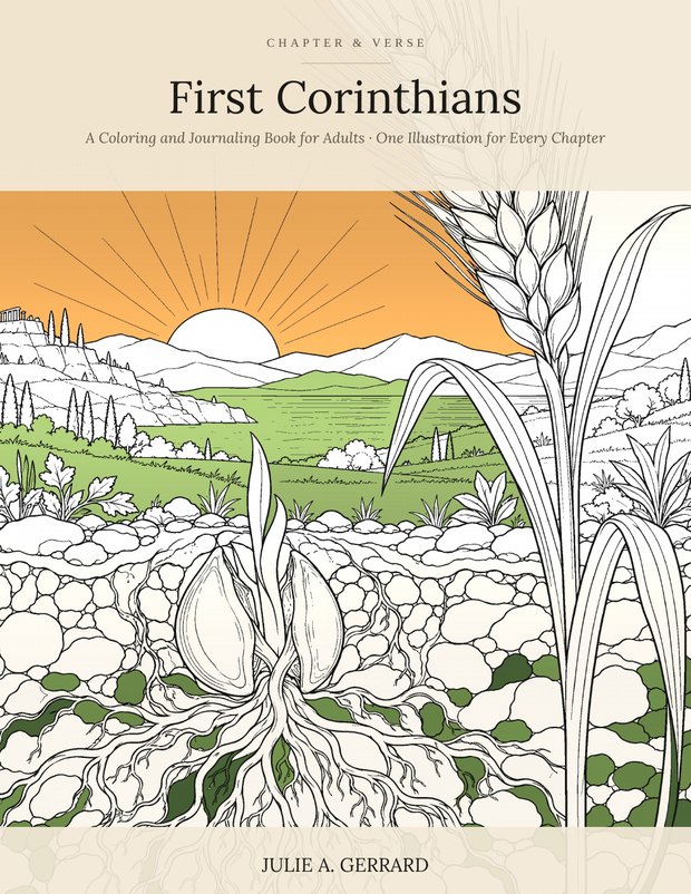 Cover of First Corinthians: a line-drawn colonnade and harbour at Corinth, with lilies and a lamp in the foreground