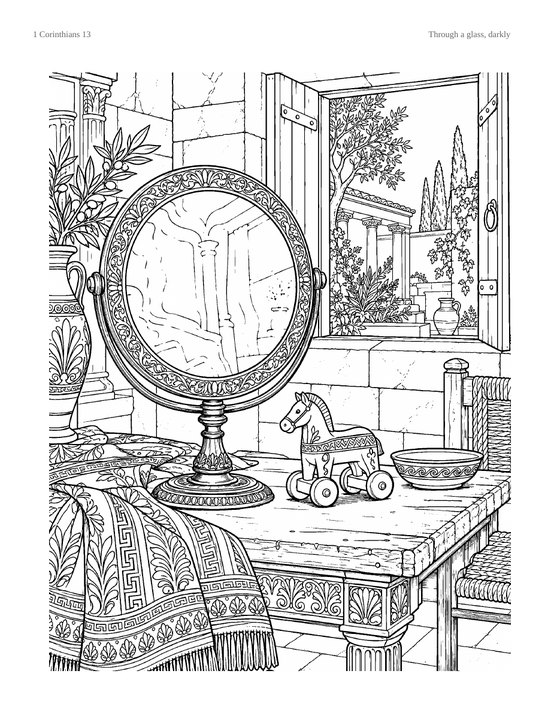 Coloring page: a standing bronze mirror on a household table, with a wooden toy horse beside it and a colonnade through the open door