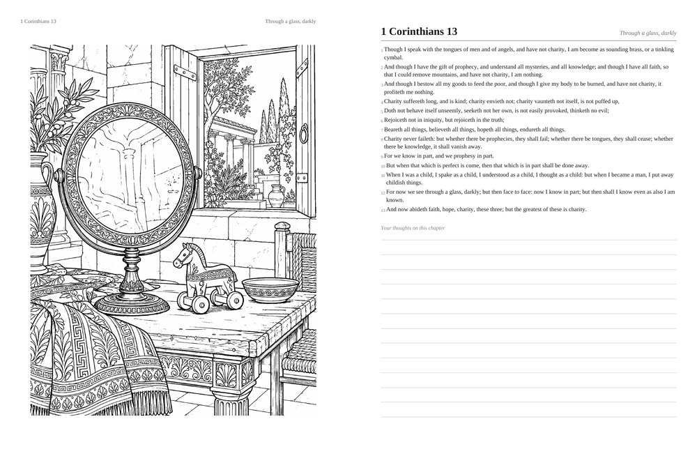 A spread from First Corinthians: on the left a detailed coloring page of a polished bronze mirror on a table beside an open doorway; on the right the full text of 1 Corinthians 13 in the King James Version with ruled journaling space