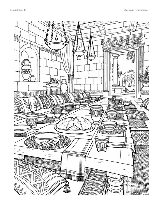 Coloring page: a long table laid with bread, bowls and cups, lamps hanging above it