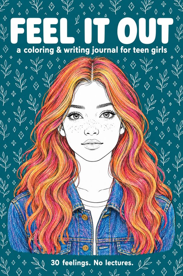 Cover of Feel It Out: a teal portrait of a girl with fire-colored hair, her face left uncolored for the reader to fill in