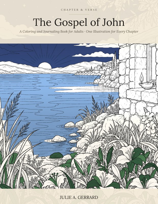 Cover of The Gospel of John: a line-drawn shore at sunrise with lilies and reeds in the foreground, water and a distant walled town beyond