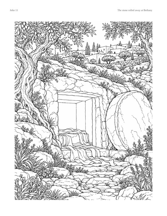 Coloring page: a rock-cut tomb at Bethany with the stone rolled back, framed by an olive tree