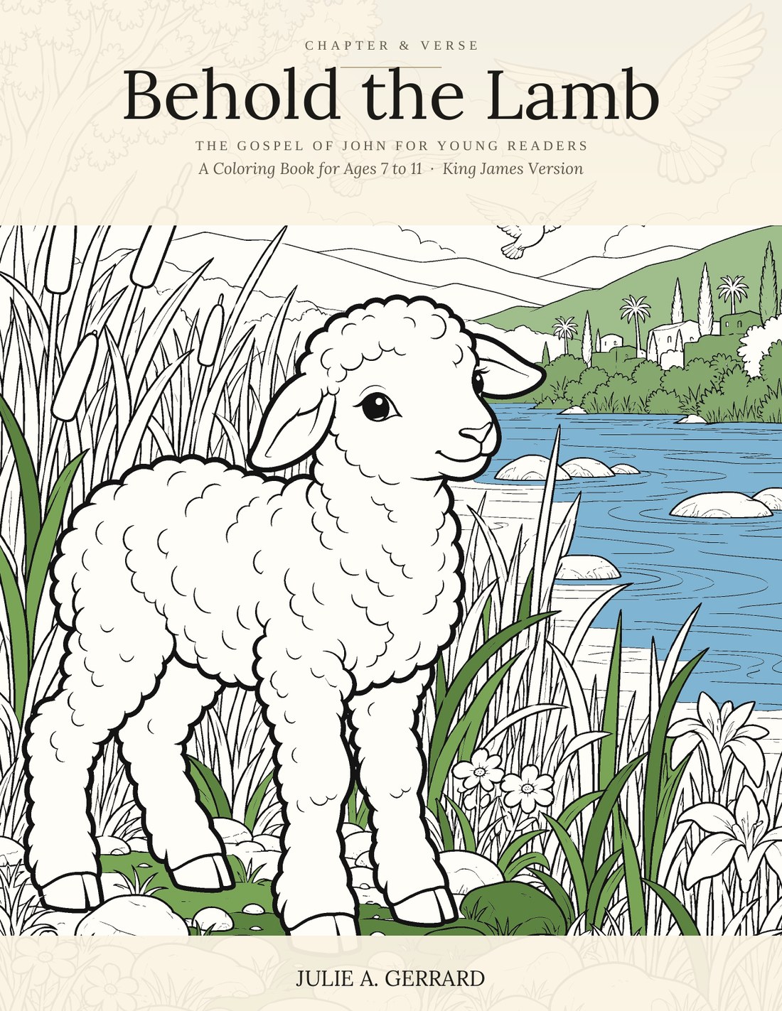 Cover of Behold the Lamb: a line-drawn lamb standing in reeds at the water's edge, with hills and a far-off town behind it