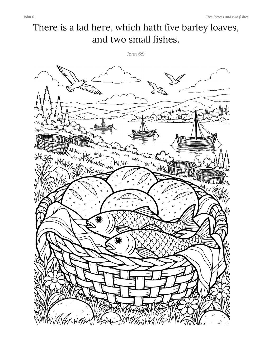 Coloring page: a woven basket of loaves and two fishes on the shore, with boats on the water behind