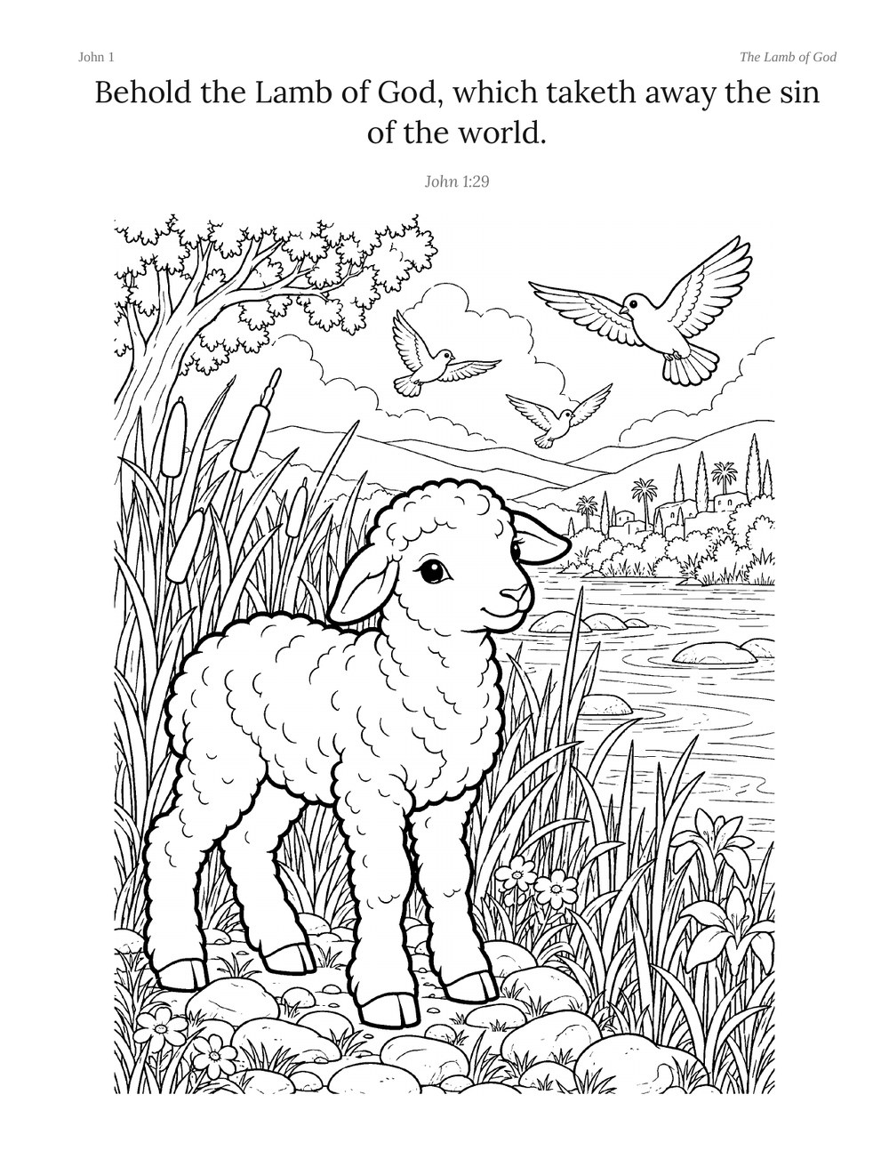 A page from Behold the Lamb: the verse Behold the Lamb of God at the top, and below it a large coloring picture of a lamb standing among reeds by the water