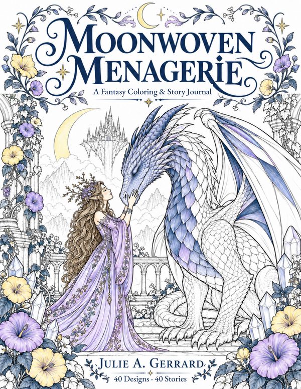 Cover of Moonwoven Menagerie: a woman in a flowing gown reaching up to a great scaled dragon, framed by hibiscus and a crescent moon