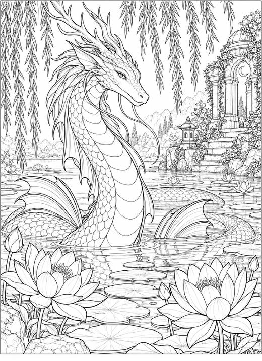 Coloring page: a long serpentine dragon rising from a lily pond beside a willow and a stone folly