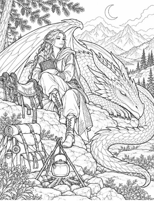 Coloring page: a rider resting against her sleeping dragon at a mountain camp under a crescent moon