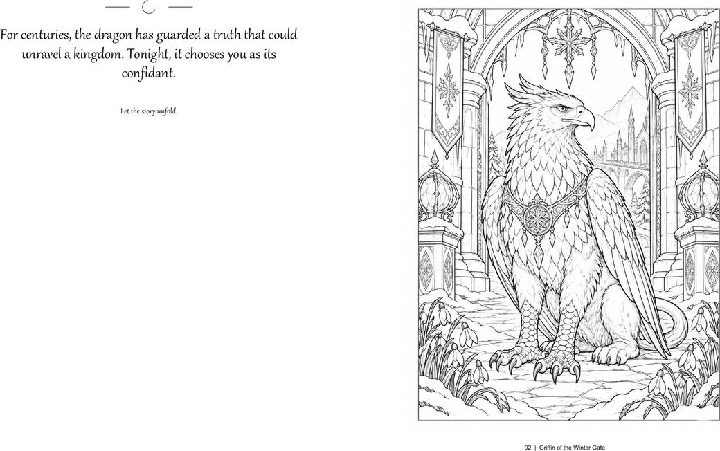 A spread from Moonwoven Menagerie: on the left a short story opening about a dragon that has guarded a truth for centuries, with the rest of the page left blank to write on; on the right, a detailed coloring page of a griffin beneath a vaulted winter gate