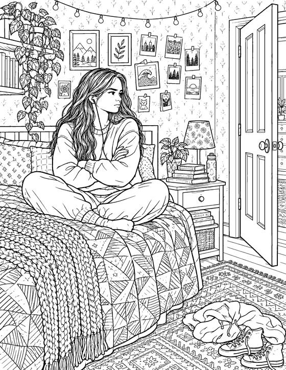 A coloring page from Feel It Out: a girl mid-argument, drawn in detailed line art