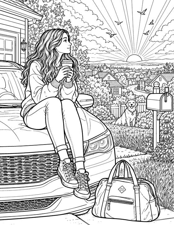 A coloring page from Feel It Out: a girl at a window in morning light