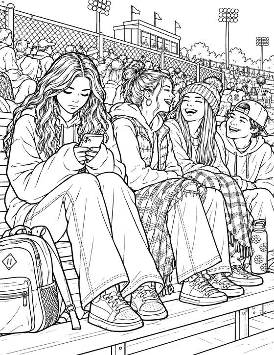 A coloring page from Feel It Out: a girl sitting alone while others sit together
